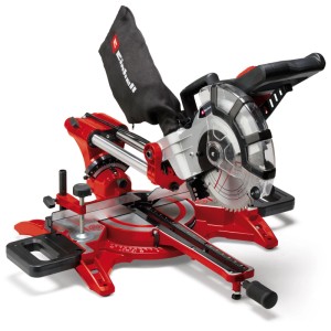 Einhell TC-SM 2131/1 Dual posuvná pokosová píla, červeno-strieborná, s vreckom na prach a laserovou reznou líniou.