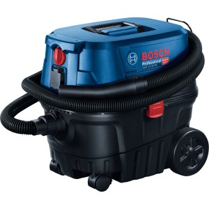 Priemyselný vysávač na mokré a suché vysávanie Bosch Professional GAS 12-25 PL, modro-čierny, s navinutou hadicou.
