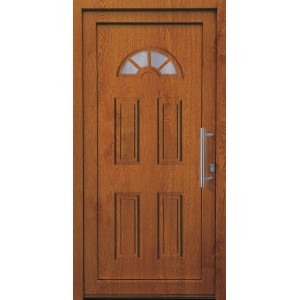 Plastové vchodové dvere K001 Golden Oak, 110x210 cm, pravé, so sklenenou vložkou a madlom.