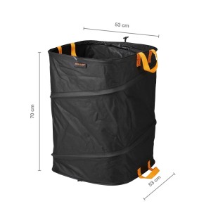 Čierny záhradný vak s oranžovými držadlami, výška 70 cm, na záhradný odpad.
