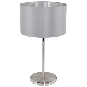 Sivá stolná lampa Eglo Maserlo, nočná lampa s textilným tienidlom a kovovou základňou.