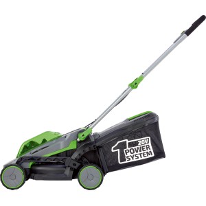 Akumulátorová kosačka LUX-TOOLS 20 V so zberným košom, batériou a nabíjačkou.