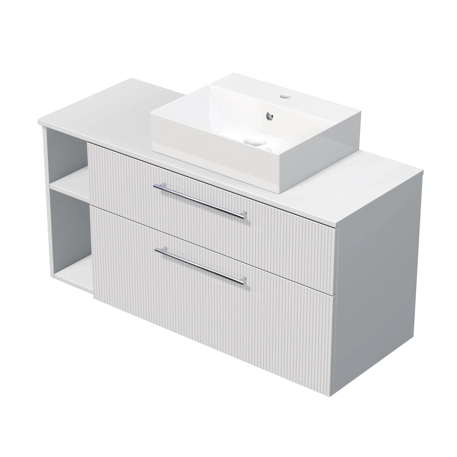 E-shop INTEDOOR Skriňa+umývadlo BEE, úchyt chróm, š.120 cm, regál vľavo, biela 3D pruhy