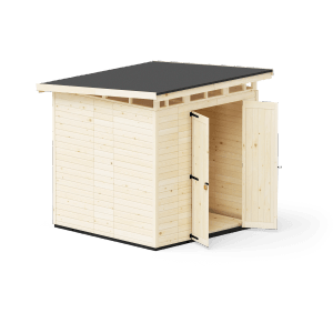 Záhradný domček Upyard Strongbox L, prírodné drevo s otvorenými dvojkrídlovými dverami.