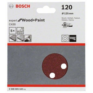 Brúsny papier pre excentrické brúsky Bosch Expert C430, zrnitosť 120, Ø 125 mm, balenie 5 ks, na drevo a farby.