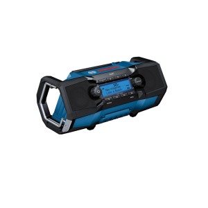 Modro-čierne akumulátorové rádio Bosch Professional GPB 18V-2 SC s displejom, reproduktormi a rukoväťou.