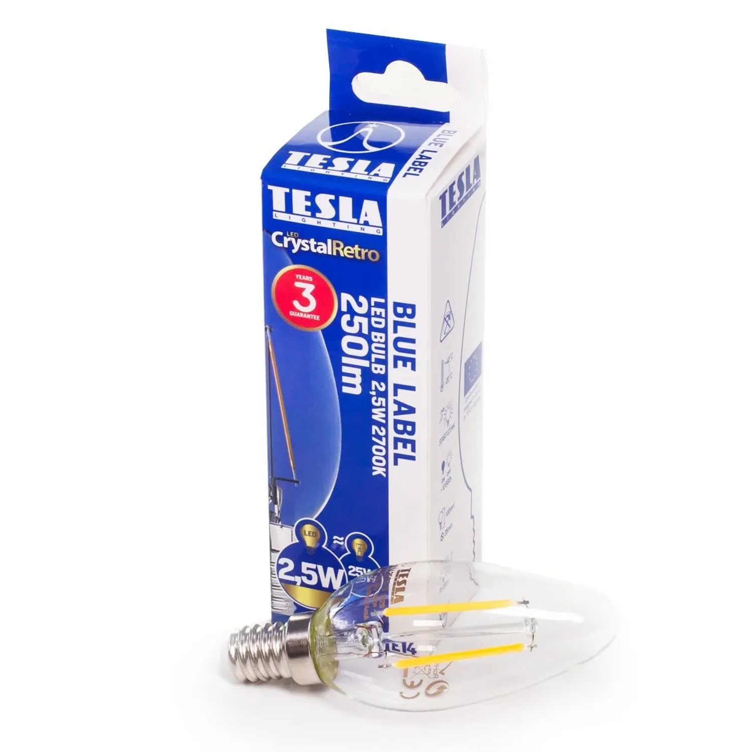 E-shop TESLA LED žiarovka Retro Filament C37, E14, 2,5 W, 250 lm, 2700 K