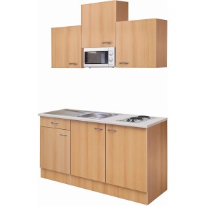 Flex-Well Classic Single Kuchyňa Nano 150 cm v prevedení buk s varnou doskou, drezom a mikrovlnnou rúrou.