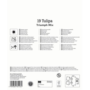 Zadná strana balenia Kiepenkerl cibuliek tulipánov Triumph mix 19 ks s informáciami o výsadbe.