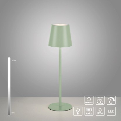 Zelená LED akumulátorová stolná lampa Just Light Euria, výška 37 cm, stmievateľná, pre vnútorné aj vonkajšie použitie.