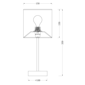 Nákres nočnej lampy s rozmermi: výška 350 mm, šírka tienidla 150 mm, priemer základne 100 mm.