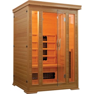 Sanotechnik Carmen infra sauna pre 2 osoby, z hemlockového dreva so sklenenými dverami.