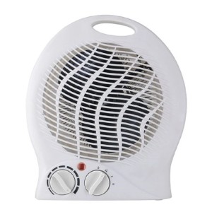 Biely, prenosný ohrievač t.b.t. s dvomi otočnými ovládačmi pre teplotu a ventilátor.