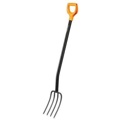 Rýľovacie vidly Fiskars Solid, ideálne na obrábanie pôdy. Kovové vidly s D-rukoväťou.
