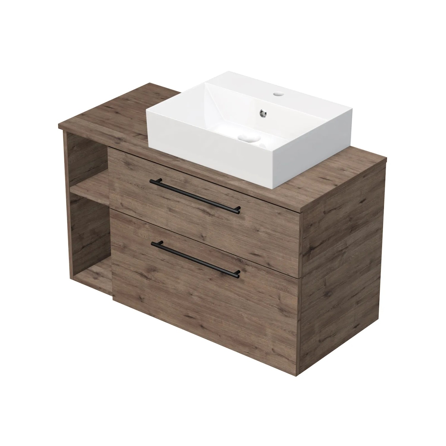 E-shop INTEDOOR Skriňa+umývadlo BEE, úchyt čierny, š.100cm, regál vľavo, dub Wellington