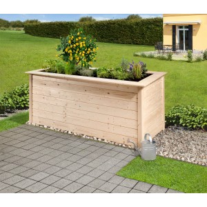 Prírodný vyvýšený záhon Weka Herba (205x80x81cm) zo smrekového dreva s rastlinami v záhrade.