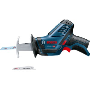 Akumulátorová chvostová píla Bosch Professional GSA 12V-14 Solo s pílovým listom. Kompaktná píla na drevo, kov a plast.