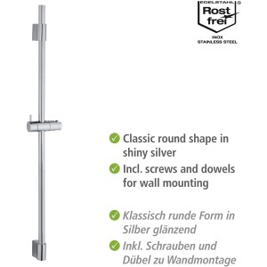 Wenko Classic chrómová sprchová tyč, 90 cm, z nehrdzavejúcej ocele s nastaviteľným držiakom sprchovej hlavice.