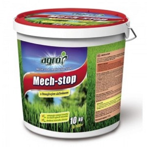 Vedro trávnikového hnojiva proti machu, značka Agro, produkt Mech-Stop.