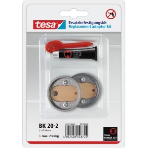 Tesa Power Kit BK20-2 sada adaptérov pre kúpeľňové doplnky bez vŕtania: adaptér, lepidlo, imbusový kľúč.
