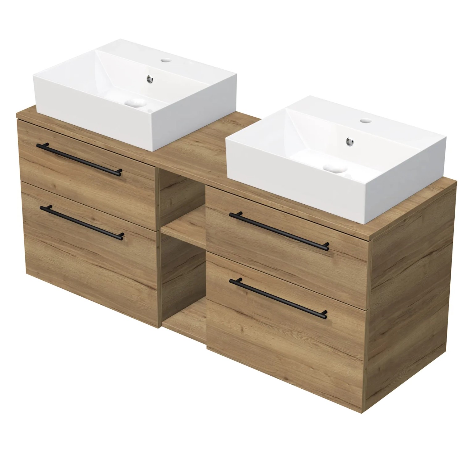 E-shop INTEDOOR Kúpeľ.skriňa+2umývadl BEE, úchyt čierny, 140cm, regál stred dub Halifax