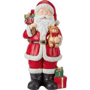 Červeno-biela figúrka Santa Clausa z magnézie s vreckom darčekov, medvedíkom a balíčkami. Vianočná dekorácia.