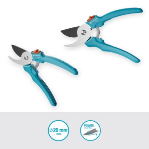 Záhradné nožnice Gardena EasyCut, priemer strihu 20 mm, s modro-tyrkysovými rukoväťami a oceľovými čepeľami.