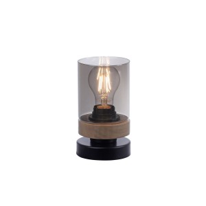 Moderná nočná lampa so sivým skleneným tienidlom a drevenou základňou.