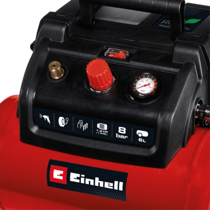 Einhell Kompresor TC-AC 190/6/8 Bezolejový: Kompaktný vzduchový kompresor s manometrom a červeným nastavovacím gombíkom.