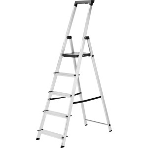 Hliníkový rebrík pre domácnosť s 5 stupňami pre pracovnú výšku až 297 cm, nosnosť až 150 kg.