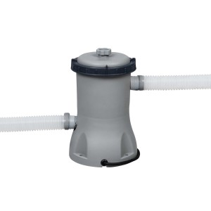 Kartušová filtrácia Bestway pre bazén s oceľovým rámom, sivá, s hadicami.