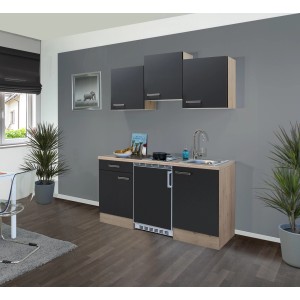 Flex-Well Single kuchynka Lara, 150 cm, antracit/dekor dub San Remo s elektrospotrebičmi.