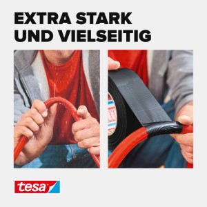 Ruky opravujú červenú hadicu čiernou Tesa Extra Power univerzálnou lepiacou páskou. Silná a všestranná na tesnenie.
