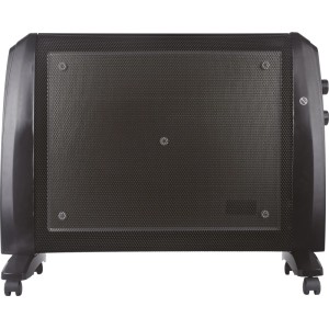 Čierny ohrievač vĺn Harstad 1500 W s kolieskami a termostatom pre elektrické ohrievače.
