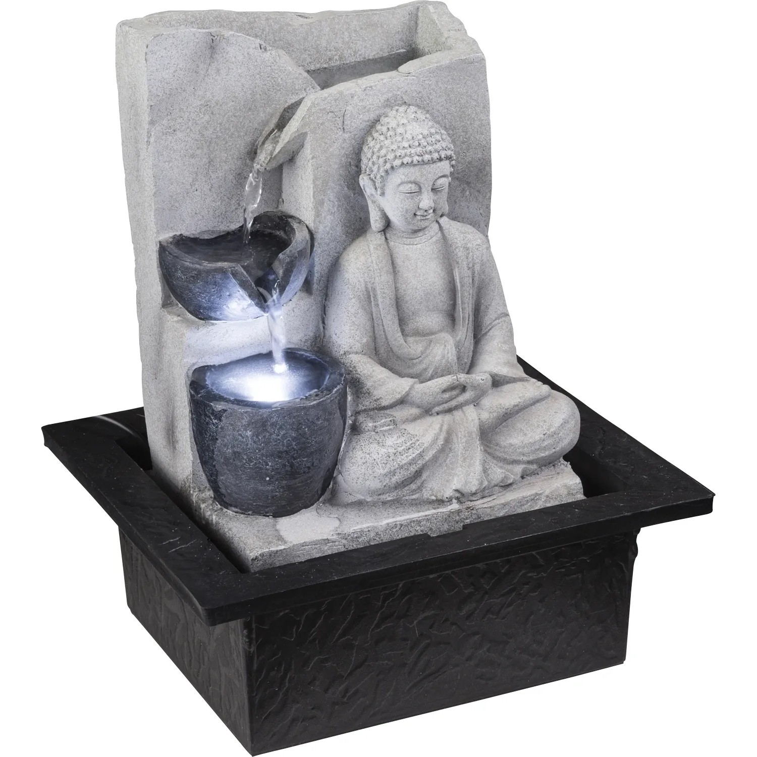 E-shop GLOBO LED stolní fontána ALBERT, Buddha, 0,13 W, sivá/černá, 21 x 18,5 x 25,5 cm