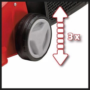 Detail kolesa s 3-stupňovým nastavením výšky elektrickej kosačky Einhell GC-EM 1232.