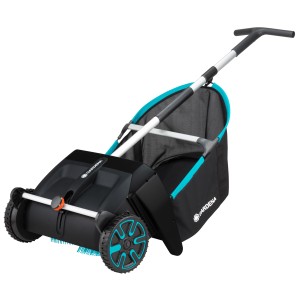 Zberač lístia a trávy Gardena so zberným košom a kolieskami v čiernej a tyrkysovej farbe.