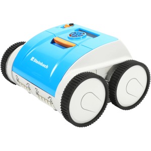 Bazénový robot Steinbach Poolrunner Battery Pro v modro-bielom prevedení so štyrmi kolesami.