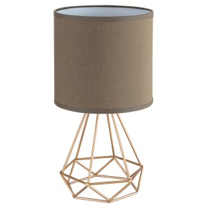 Moderná nočná lampa s hnedým tienidlom a zlatou kovovou základňou.