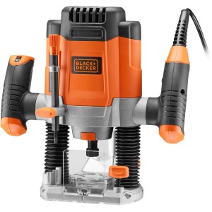 Horná fréza Black+Decker KW1200E: 1200W fréza na drážkovanie, hrany a profilové frézovanie s príslušenstvom.