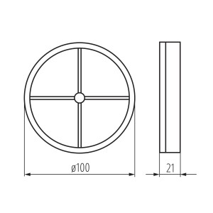 Technický výkres okrúhleho ventilátora, priemer 100 mm, hrúbka 21 mm.