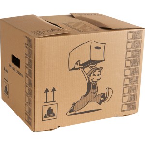 Hnedá sťahovacia krabica, 37 l, 41x31x30 cm, s držadlami a kresleným motívom.