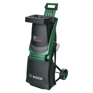 Akumulátorový drvič Bosch UniversalShredder s batériami a nabíjačkou. Zelený a čierny elektrický drvič so zberným vakom.