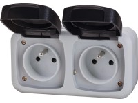 Zásuvka so stredovým ochranným kontaktom na omietku dvojitá šedá/čierna okrúhla