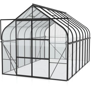 Skleník Vitavia Diana 11500, 11,5 m², čierny, s dvojkrídlovými dverami a hliníkovým rámom.