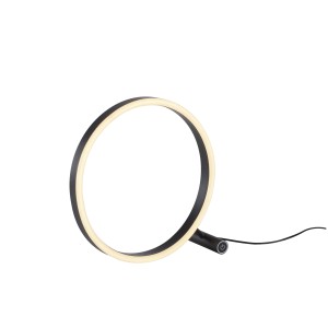 Moderná čierna LED stolná lampa v tvare kruhu na nočný stolík.
