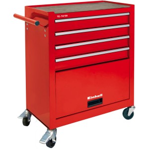Červený dielenský vozík Einhell TC-TW 100 so 4 zásuvkami, úložným priestorom a kolieskami.