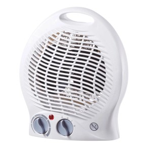 Biely ohrievač ventilátora 2 000 W s termostatom a dvoma nastaveniami ohrevu pre malé miestnosti.