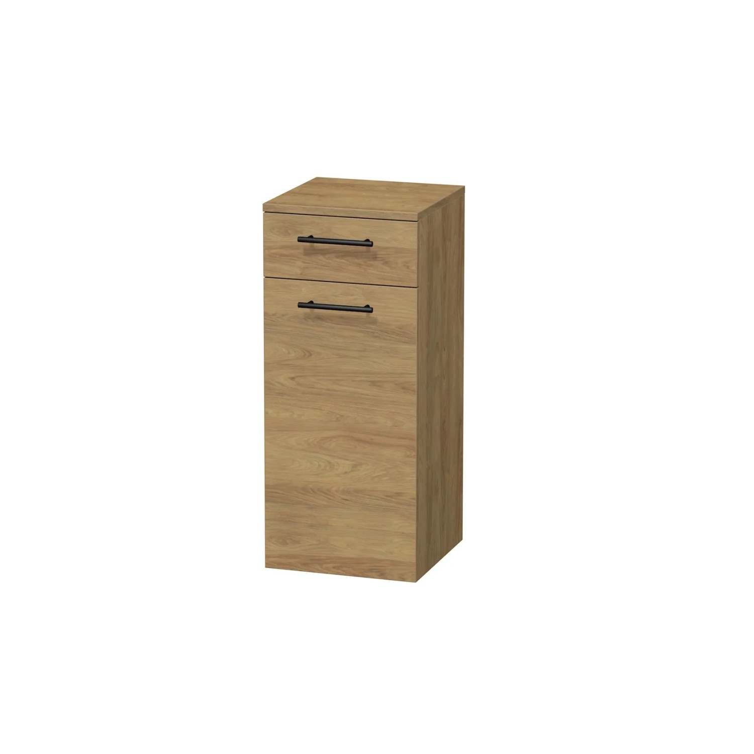 E-shop INTEDOOR Nízka skriňa BEE, úchyt čierny, 1 zásuvka, kôš, š. 35 cm, dub Hickory