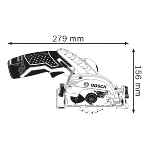 Aku okružná píla Bosch Professional GKS 12 V-26, rozmery 279x156 mm. Kompaktná ručná píla na drevo.